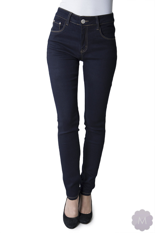 Spodnie jeansowe damskie rurki z wyższym stanem ciemno granatowe PUSH-UP