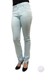 Elastyczne błękitne spodnie jeansy rurki z wyższym stanem