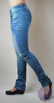 Spodnie biodrówki jeansowe niebieskie wycierane na dwa guziki