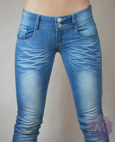 Spodnie biodrówki jeansowe niebieskie wycierane na dwa guziki