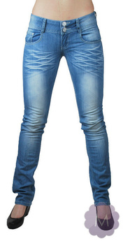 Spodnie biodrówki jeansowe niebieskie wycierane na dwa guziki