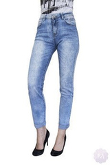 Spodnie damskie jeansowe rurki jasno niebieskie wytarte z jetami firmy Karostar (K-13164)