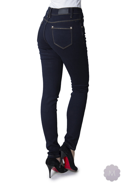 Spodnie jeansowe damskie rurki z wyższym stanem ciemno granatowe PUSH-UP