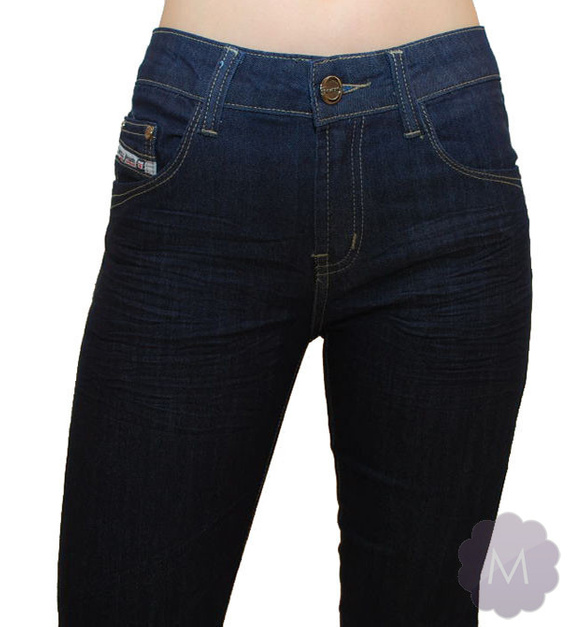 Spodnie jeansowe damskie rurki z podwyższonym stanem granatowe gniecione