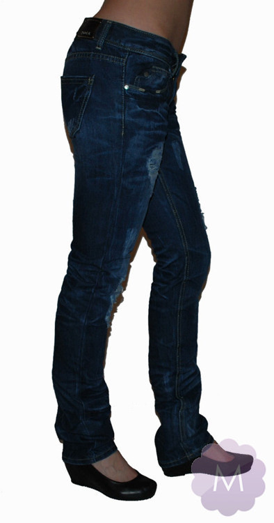 Granatowe spodnie jeansowe z prostą nogawką z dziurami