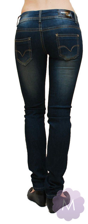 Spodnie rurki jeansowe ciemne wycierane na dwa guziki