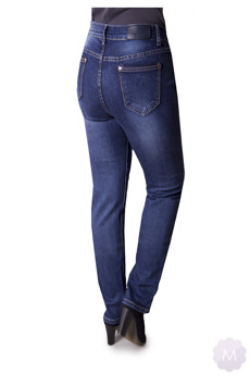 Granatowe damskie spodnie jeansy z wyższym stanem ze zwężającą się nogawką