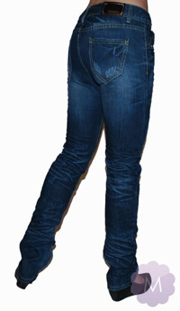 Granatowe spodnie jeansowe z prostą nogawką z dziurami