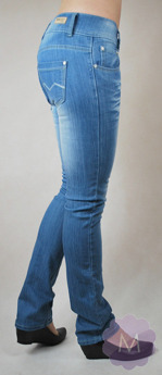 Spodnie biodrówki jeansowe niebieskie wycierane na dwa guziki